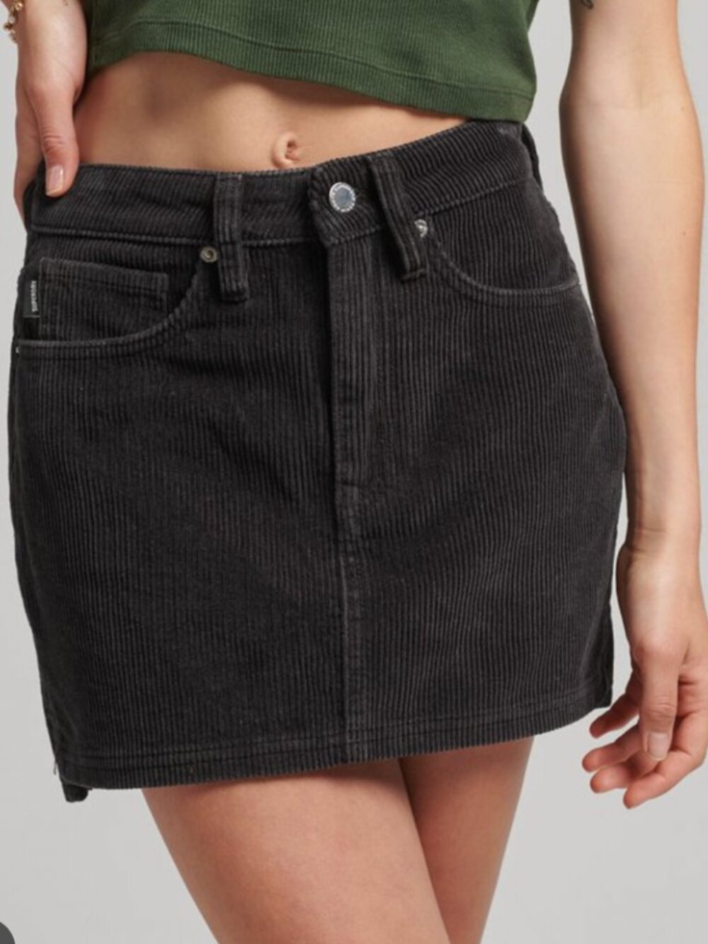 Dark Green Distressed Corduroy Jean Skirt